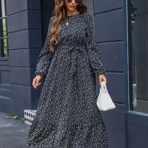 Floral keyhole back bishop sleeve ruffle hem belted dress